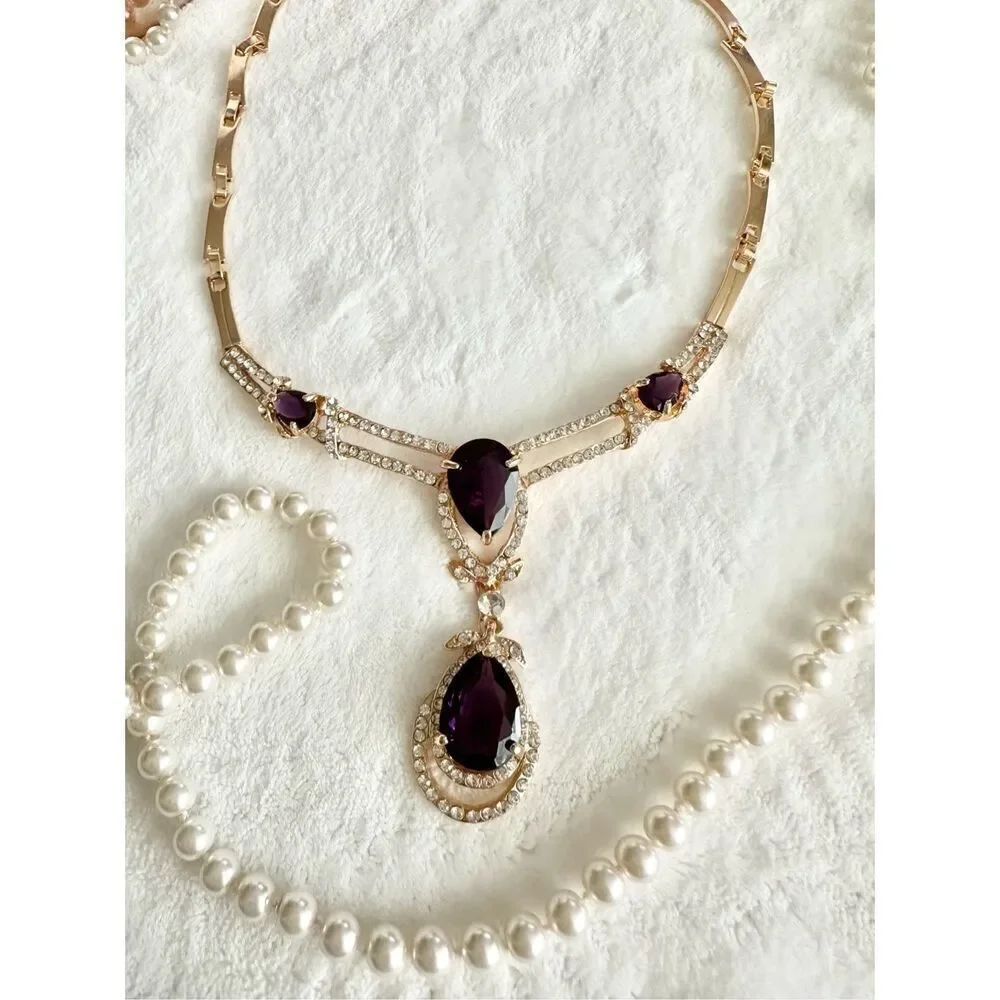 Deep Purple teardrop rhinestone statement necklace ￼